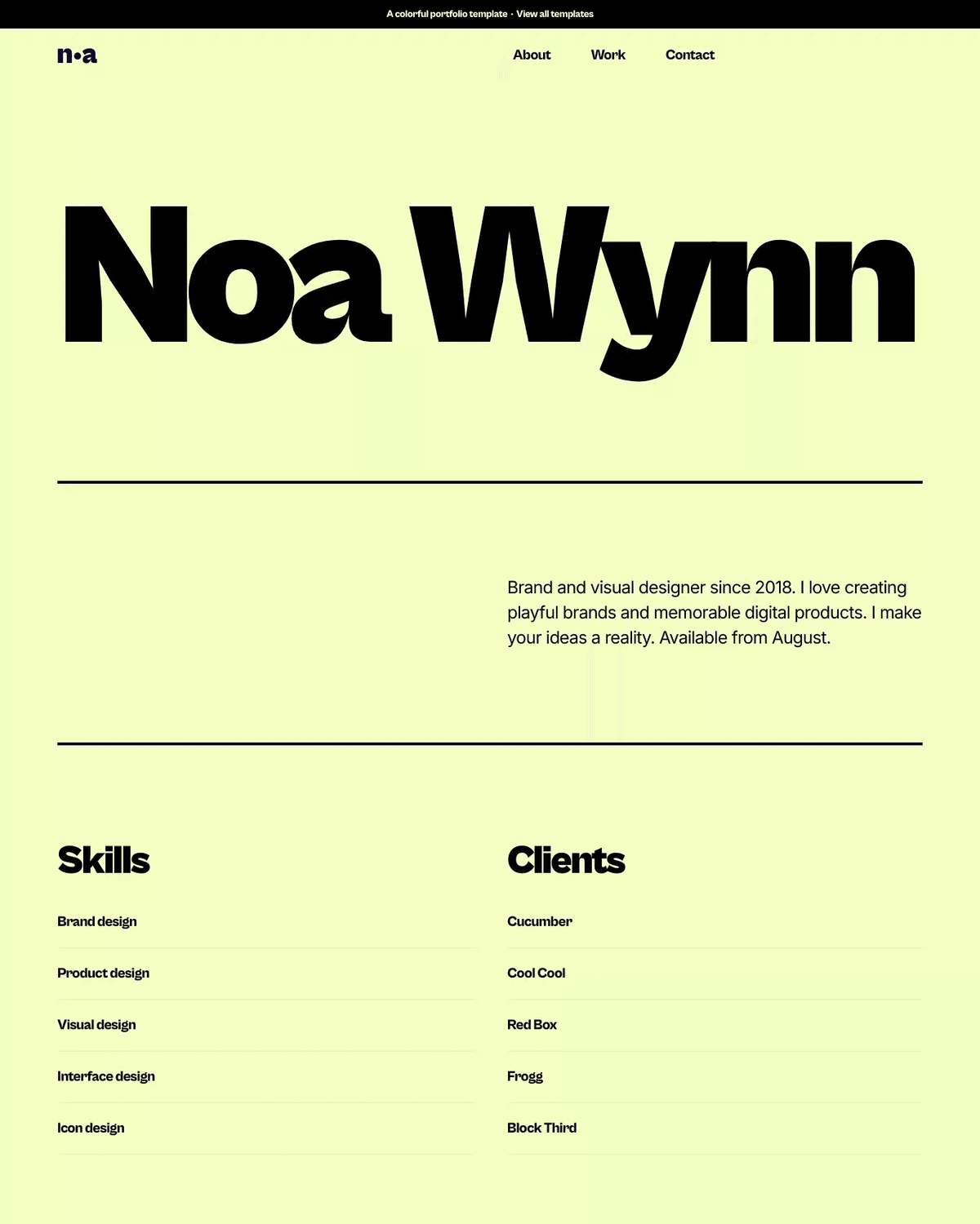 Noa Wynn - Portfolio Template for Framer screenshot